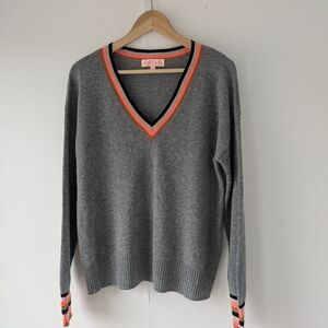 Lisa Todd Cashmere Gray V-neck Sweater with Orange and Black Trim Size S